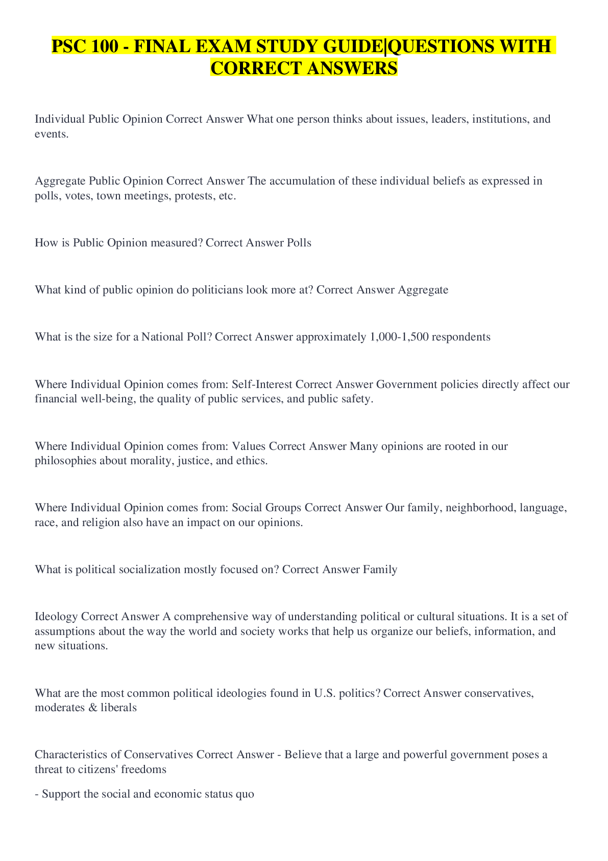 Preview image of PSC 100 - FINAL EXAM STUDY GUIDE|QUESTIONS WITH CORRECT ANSWERS document